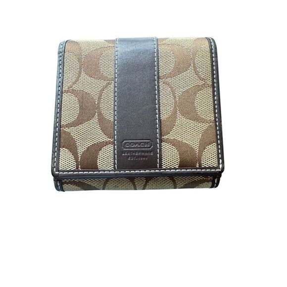 Coach Womens Khaki Mahogany Signature C Logo Leather Bi-Fold Wallet Mini - Picture 1 of 7
